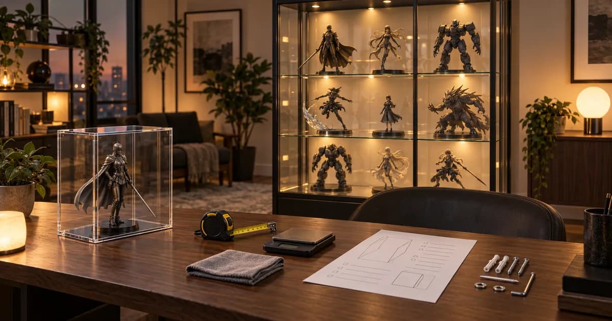 Warm collector room with glass and acrylic figure cases, measuring tools, cleaning cloth, worksheet, and wall anchors