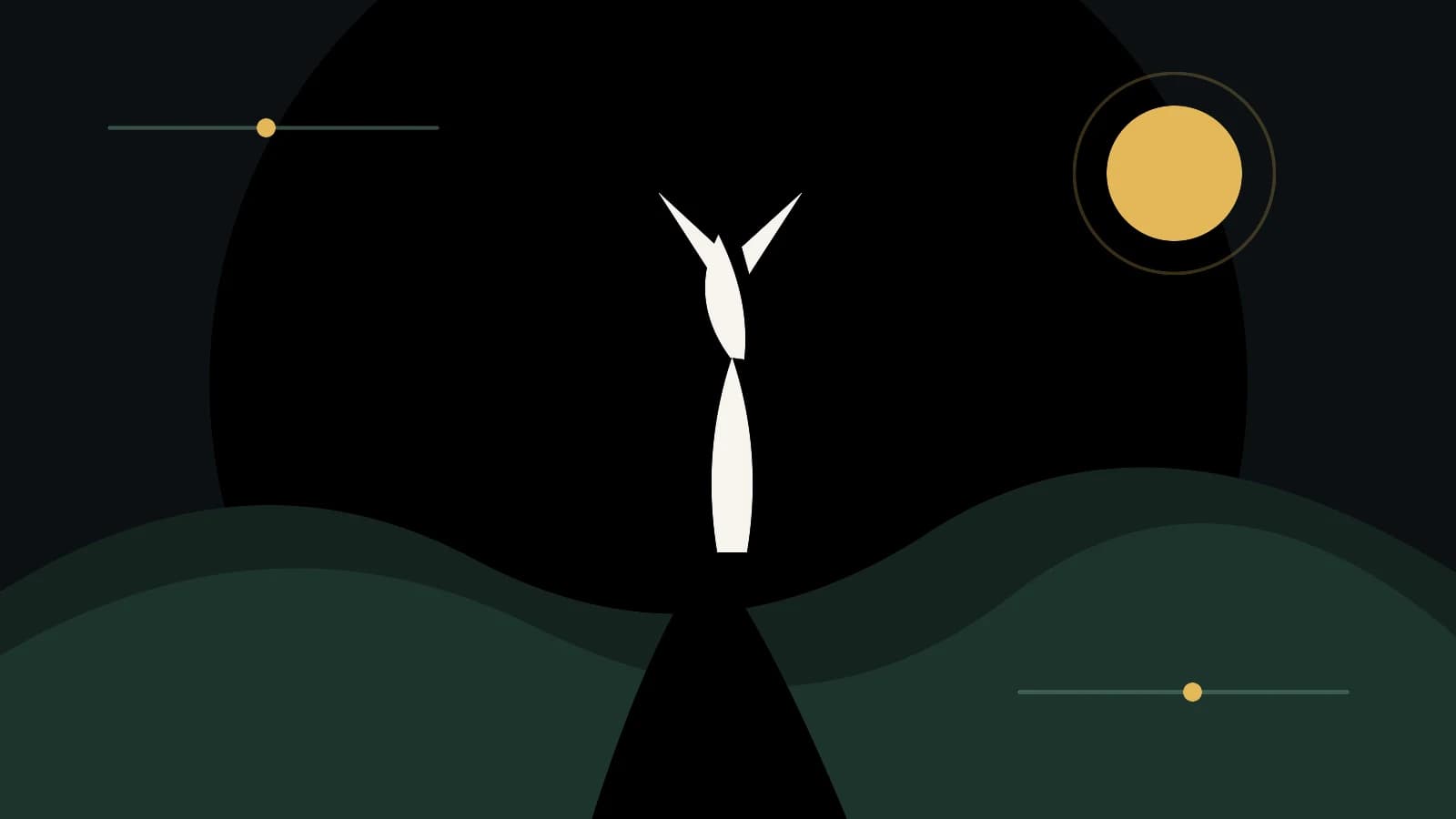 Original minimalist illustration of an elf traveler facing a moonlit road through green hills, representing the continuing Frieren journey