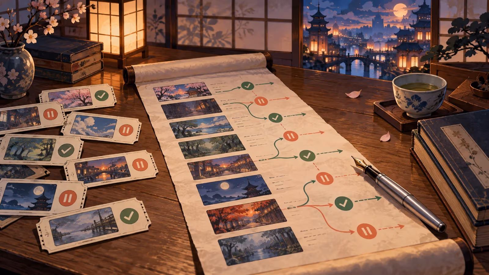 Illustrated episode ledger with watch and pause routes on a lantern-lit desk