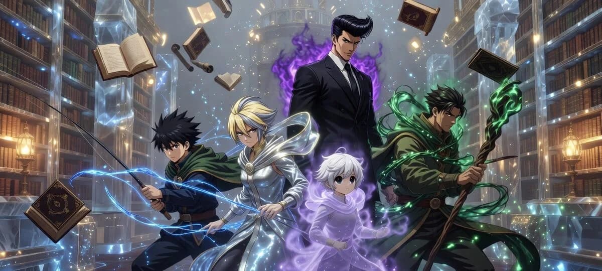 Five hunters summon books, chains, and colored energy inside a towering magical library.