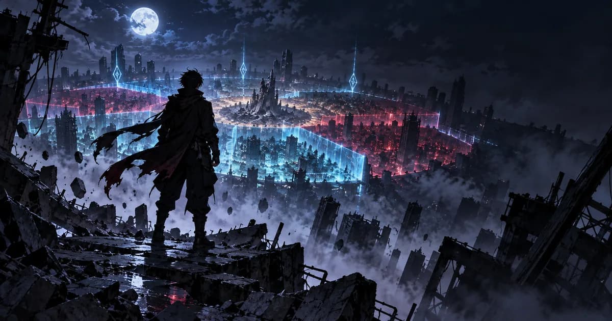 Original illustration of an anonymous sorcerer overlooking a fractured city divided by blue and red energy barriers
