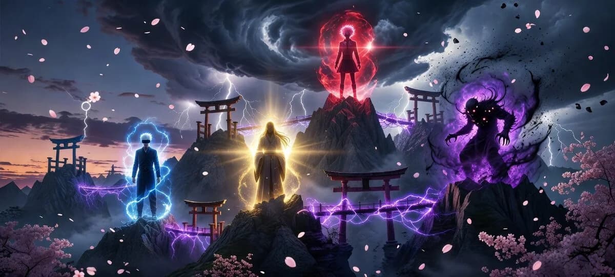 Glowing silhouettes of powerful fighters form a tiered lineup among torii gates and storm clouds.