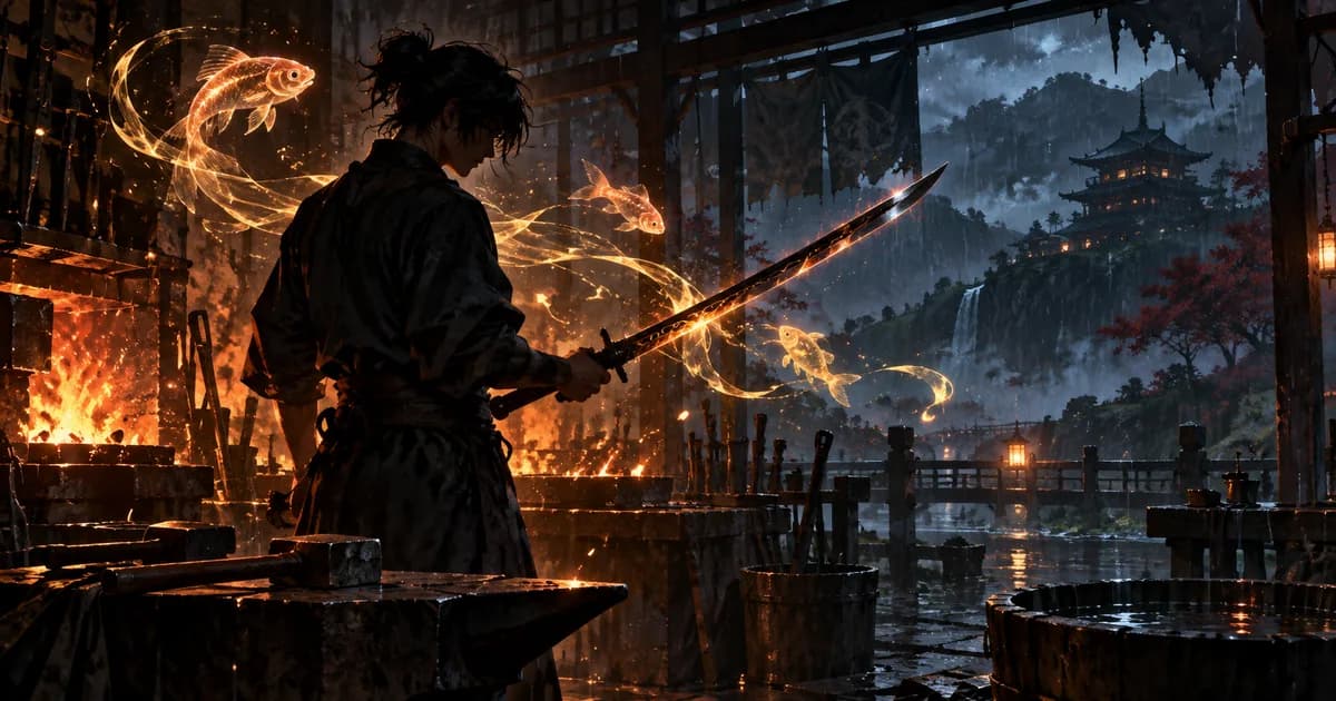 Original illustration of an anonymous swordsmith holding a glowing black blade as goldfish-shaped light crosses a rainy forge