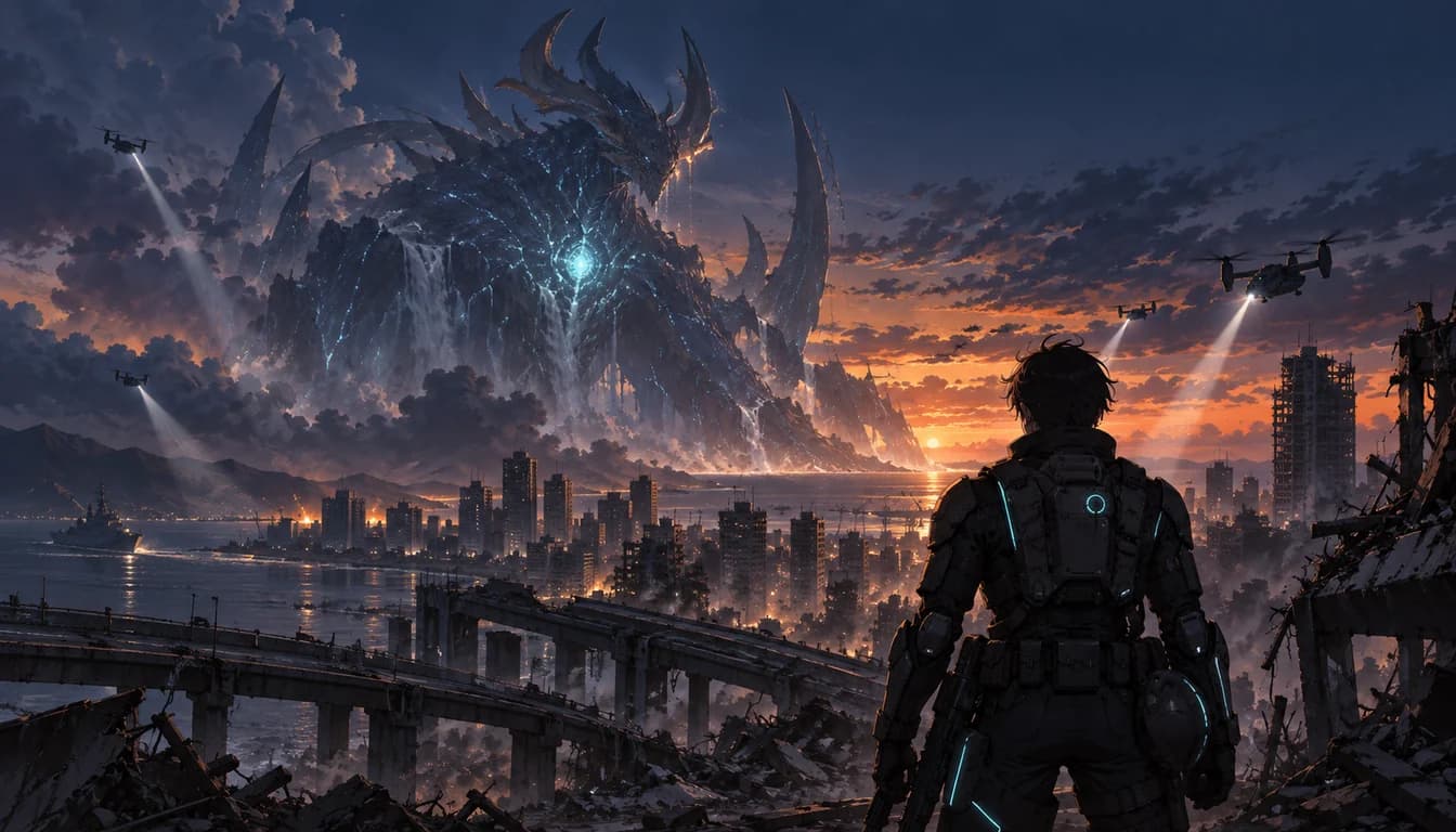 An original armored defense officer facing a towering luminous horned creature across a damaged coastal city