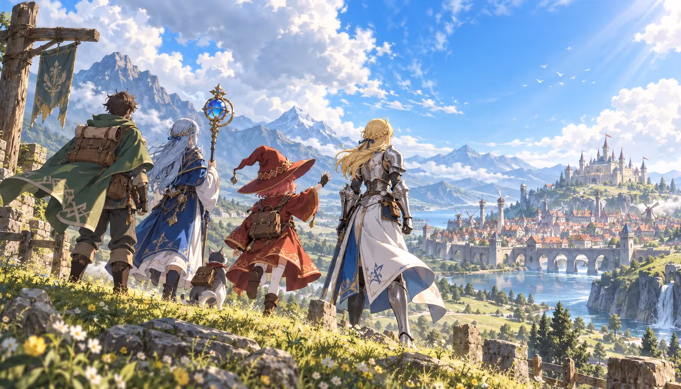Four original fantasy adventurers look across a bright mountain valley toward a distant walled town