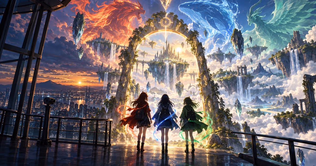 Original fantasy illustration of three students facing a glowing portal from a city tower