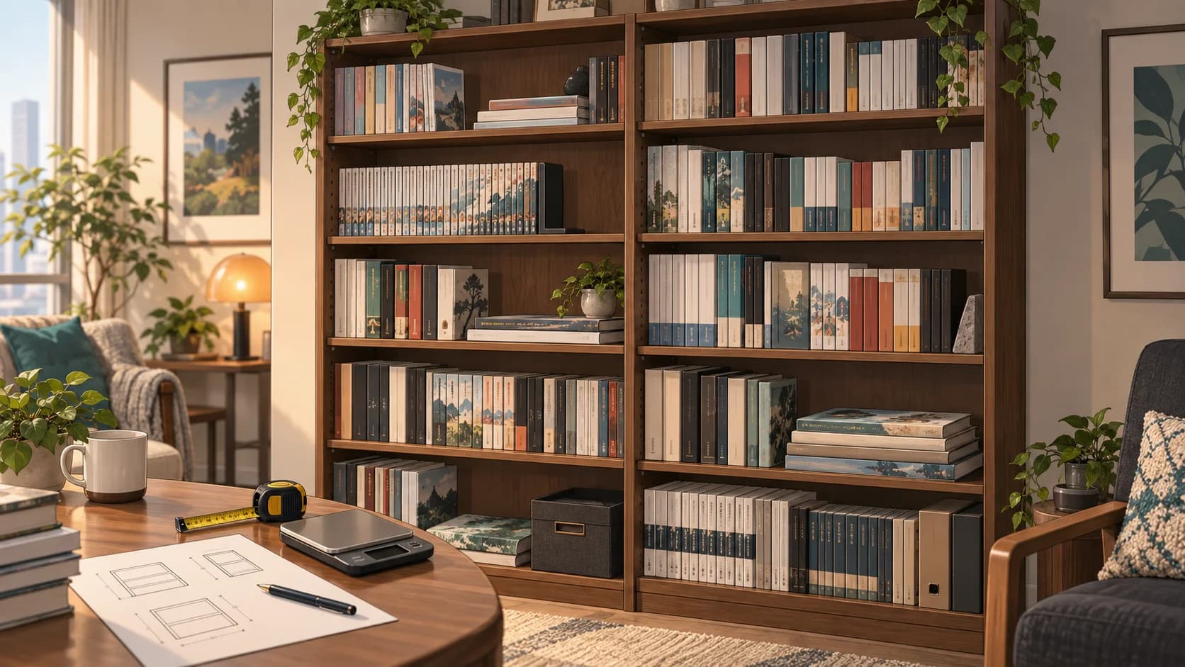 Warm reading room with measured wooden bookshelves, books, tape measure, scale, and planning sheet