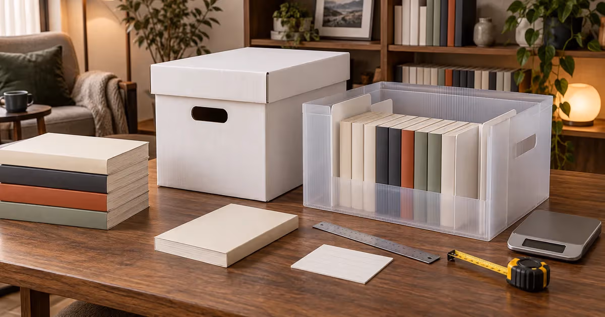 Blank manga books beside fitted cardboard and plastic storage boxes, dividers, measuring tools, scale, and inventory card