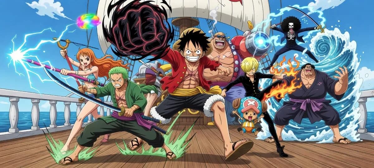 The Straw Hat crew gathers on a ship deck while colorful elemental effects swirl around them.