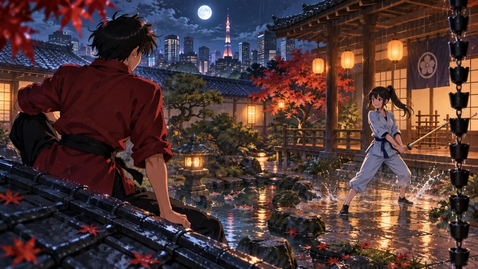 Original illustration of two martial artists facing each other across a rain-soaked dojo courtyard under lantern light