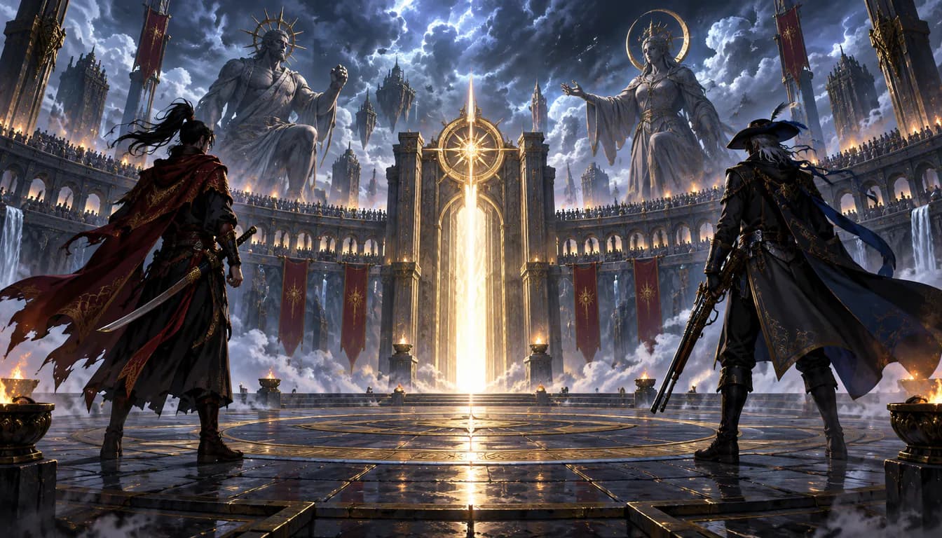Original illustration of two warriors facing a luminous gate inside a storm-lit mythological tournament arena