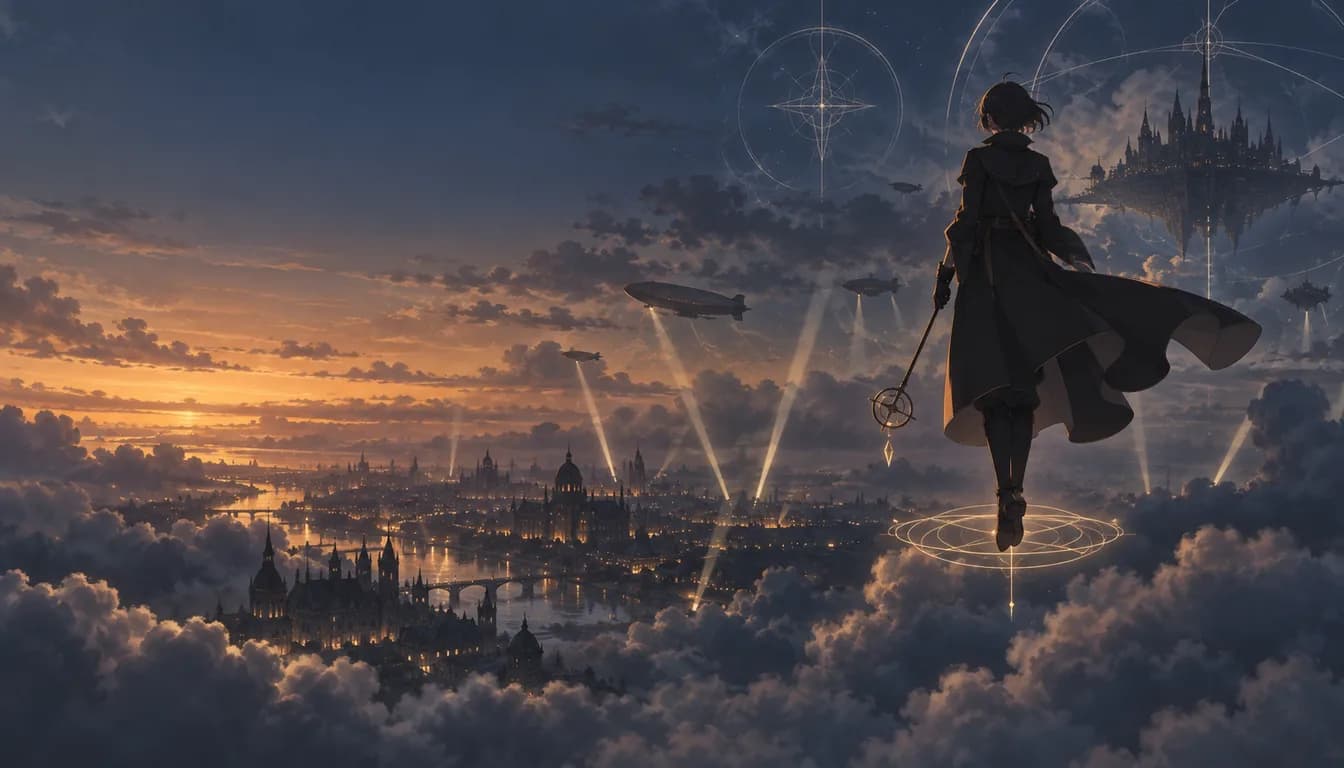 An original dark-haired aerial mage above a cloud-ringed city with searchlights and geometric spell circles at dusk