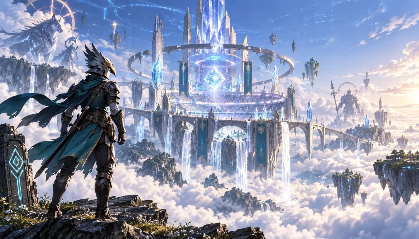 An original bird-masked fantasy game adventurer facing a radiant crystal arena and distant armored creatures