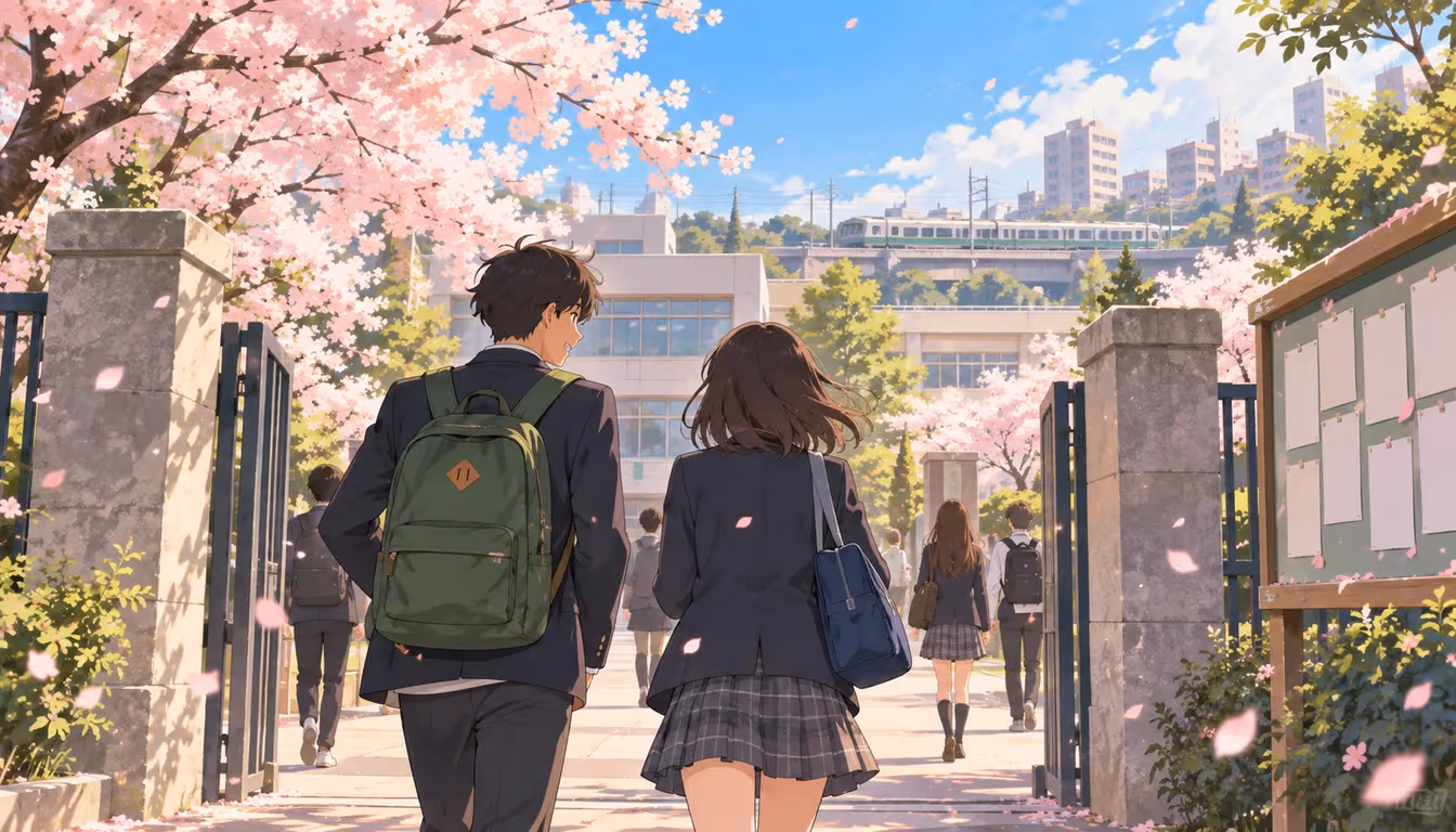 Two original high-school friends walk through a cherry-blossom-lined school gate on a clear April morning