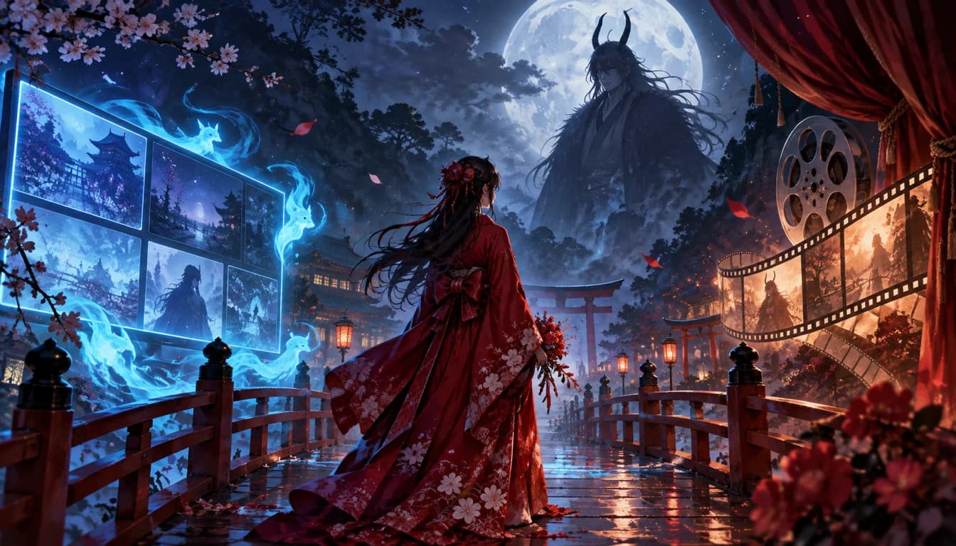 Original moonlit illustration of a crimson-clad supernatural bride between a streaming screen and cinema reel