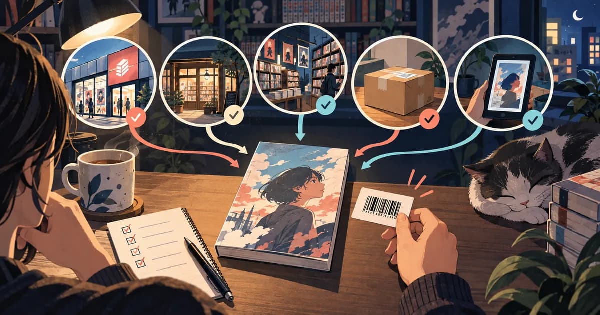 Reader comparing a manga edition across bookstore, delivery and digital buying routes