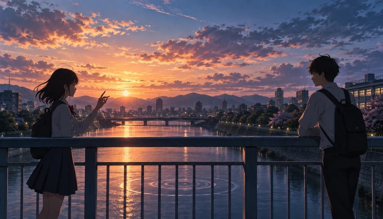 Two students communicating across a river bridge at sunset as circular ripples spread across the water