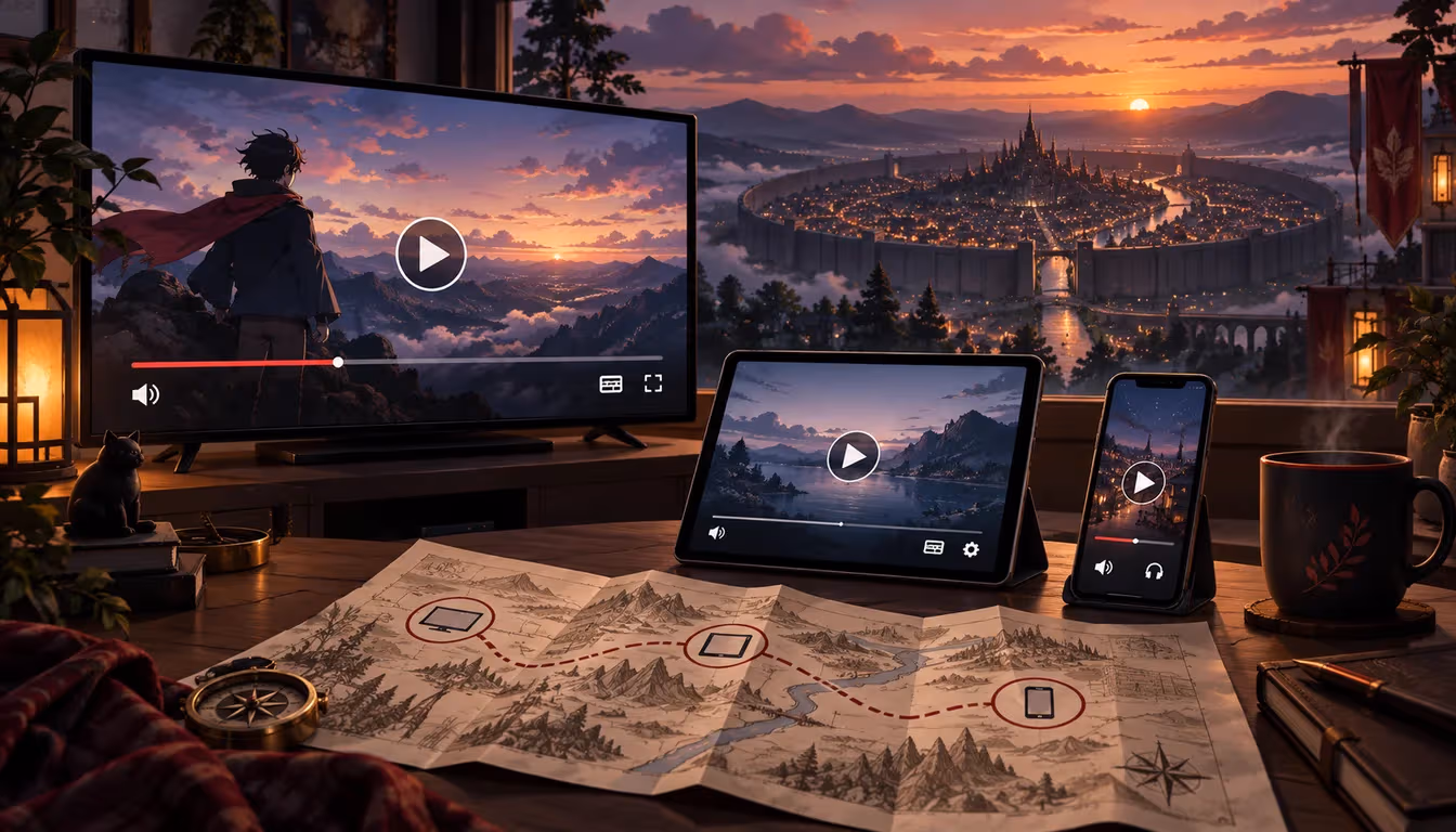 Original viewing desk with television, tablet and phone screens facing a distant walled city at sunset