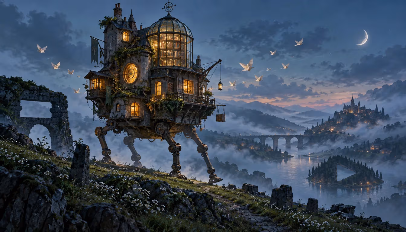 Original walking library house crossing a misty valley beneath a crescent moon