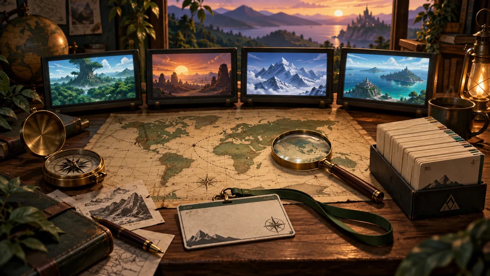 Explorer desk with a world map, compass, viewing screens, blank license card, and organized episode cards