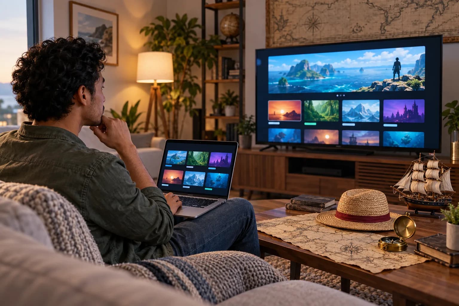 Adult viewer comparing legal streaming choices on a television and laptop beside a nautical map, compass, model ship, and plain straw hat