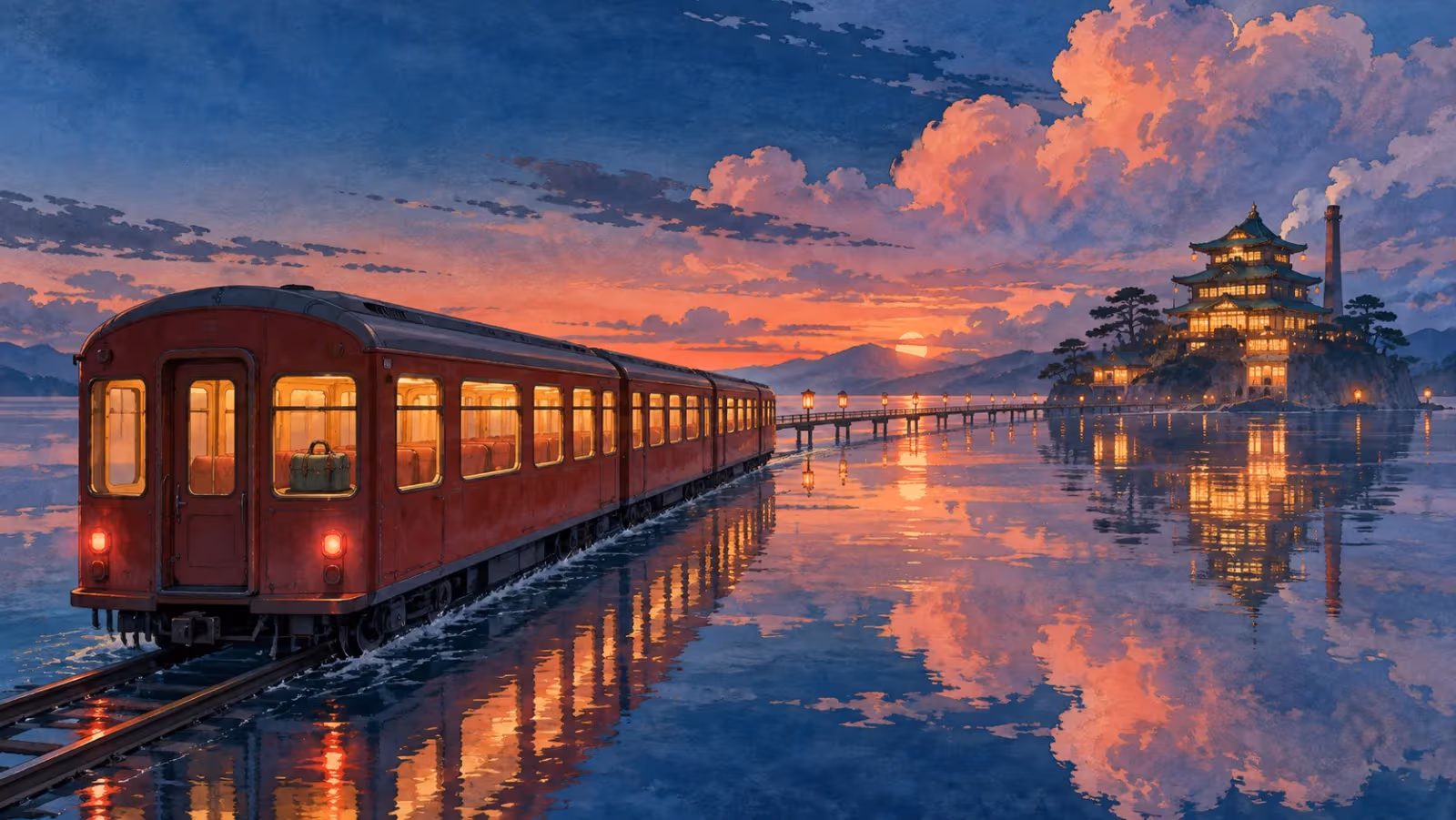 Empty red train crossing reflective water toward a lantern-lit fantasy bathhouse at twilight