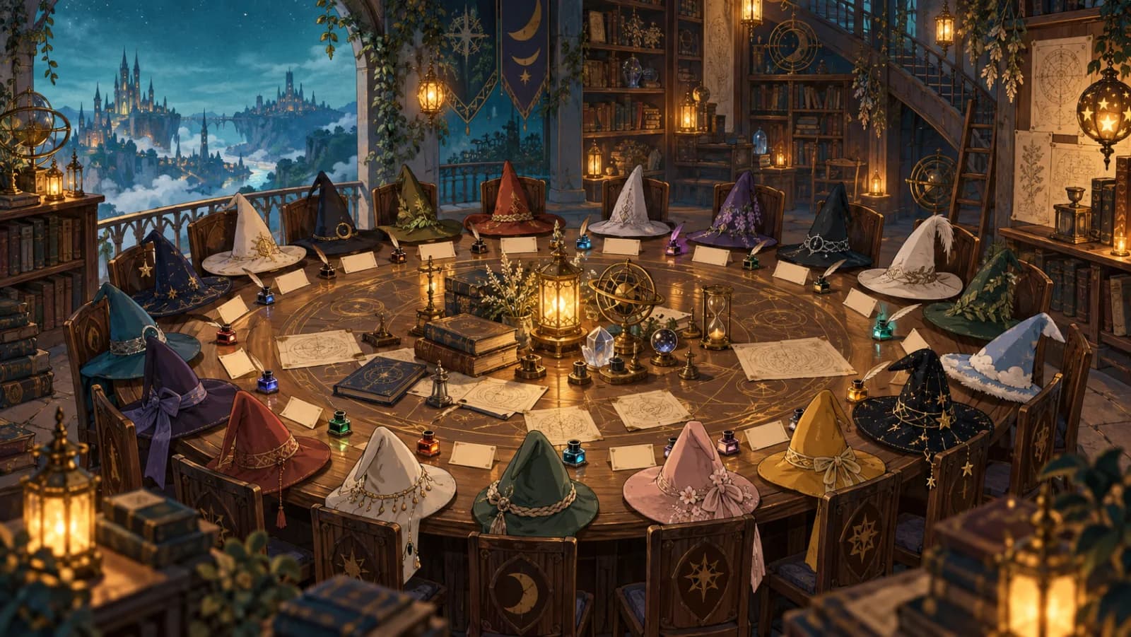 Nineteen colorful witch hats arranged around a circular magic study table in a lantern-lit fantasy library