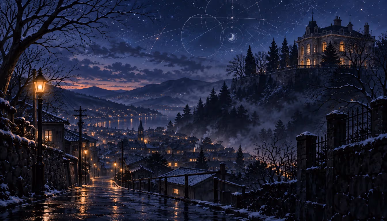 A snow-dusted hillside town below a warmly lit mansion and a starry sky crossed by faint magical geometry